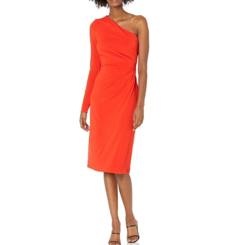 HALSTON bright orange Payton one shoulder pleat cocktail midi jersey dress